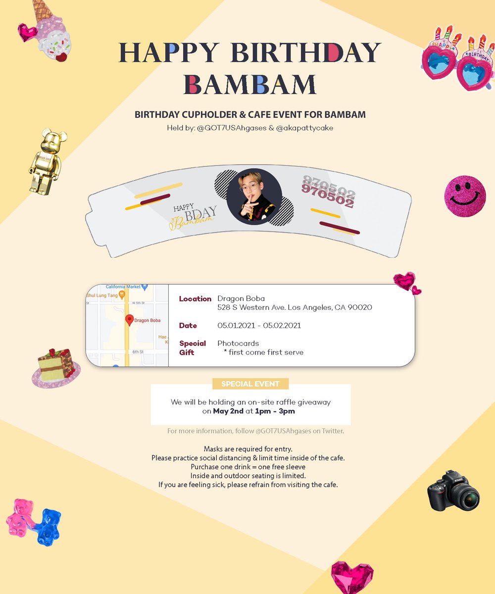 GOT7USAhgases's tweet image. [USA Cupholder Event] 
Happy Birthday Bambam

Day of Event: May 2nd 2021 Sunday
***Cupholders available starting May 1st Saturday***

Location: Dragon Boba in Ktown,Los Angeles (see below for more detail)
#Bambam #BambamWeLoveYou #GOT7 #HappyBambamDay #cupsleeveevent #dragonboba