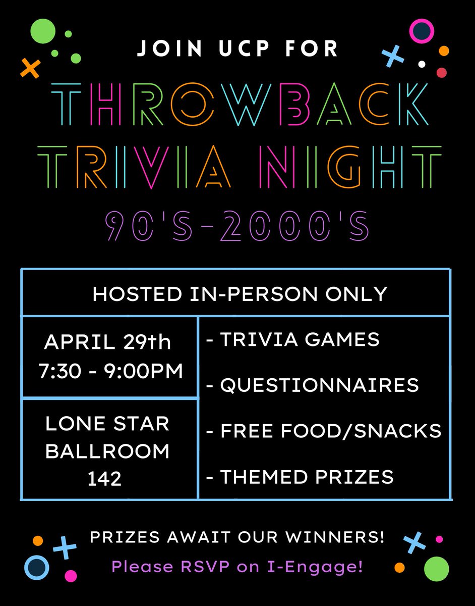 TAMUCC_UC's tweet photo. Calling all 90-2000s babies 📲 to remind y’all that ThrowBack Trivia Night is happening this THURSDAY, April 29th from 7:30-9:00pm in Lone Star Ballroom 142! 
Students will get to munch on old school snacks and compete to earn themed prizes!🏆Head over to I-Engage to RSVP🗓 https://t.co/LuEdht3f2f