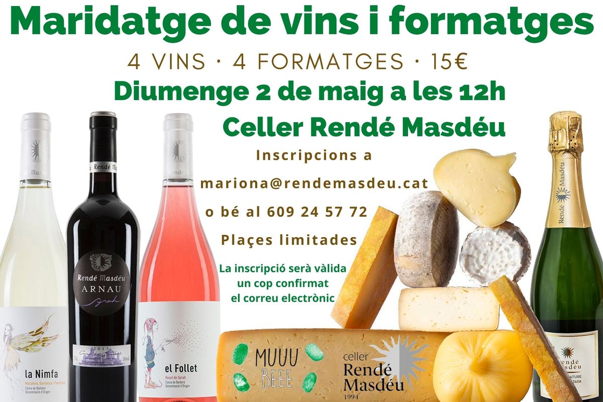🍷🧀Diumenge 02/05 a les 12h, maridatge de vins i formatges! 4 vins amb 4 formatges de la Formatgeria MUUU BEEE!
📝Apunta't a mariona@rendemasdeu.cat o bé al 609 24 57 72. Places limitades. No et quedis sense!!! #formatgeriamuuubeee #vins #formatges #maridatges #esplugadefrancoli