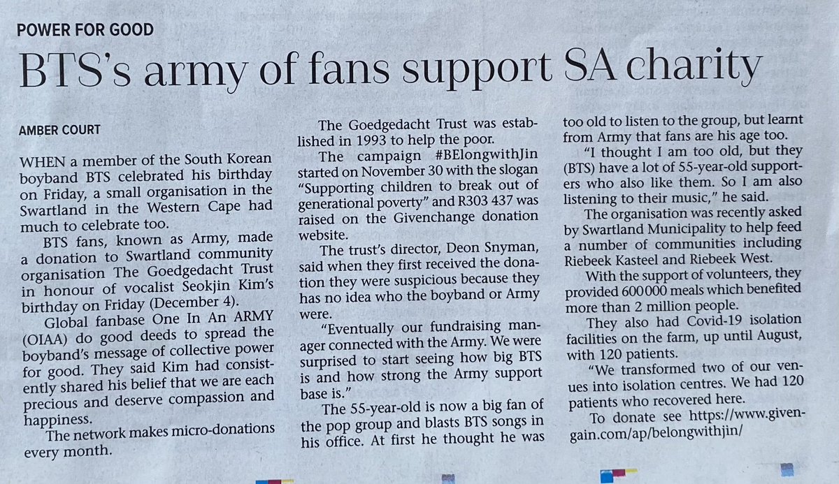 OneInAnARMY's tweet photo. To honour our Seokjinnie in December, we focused orphans and children at ARMY's request, and chose @Goedgedacht to support for his birthday! GT helps children to get on the path out of generational poverty in rural South Africa. 

Enter: #BTSARMY, ready to lend a hand! https://t.co/dNU0omvepX