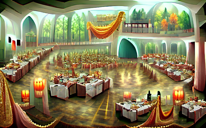Text-to-image with OpenAI's CLIP is getting more and more surreal. Here is "A banquet hall"