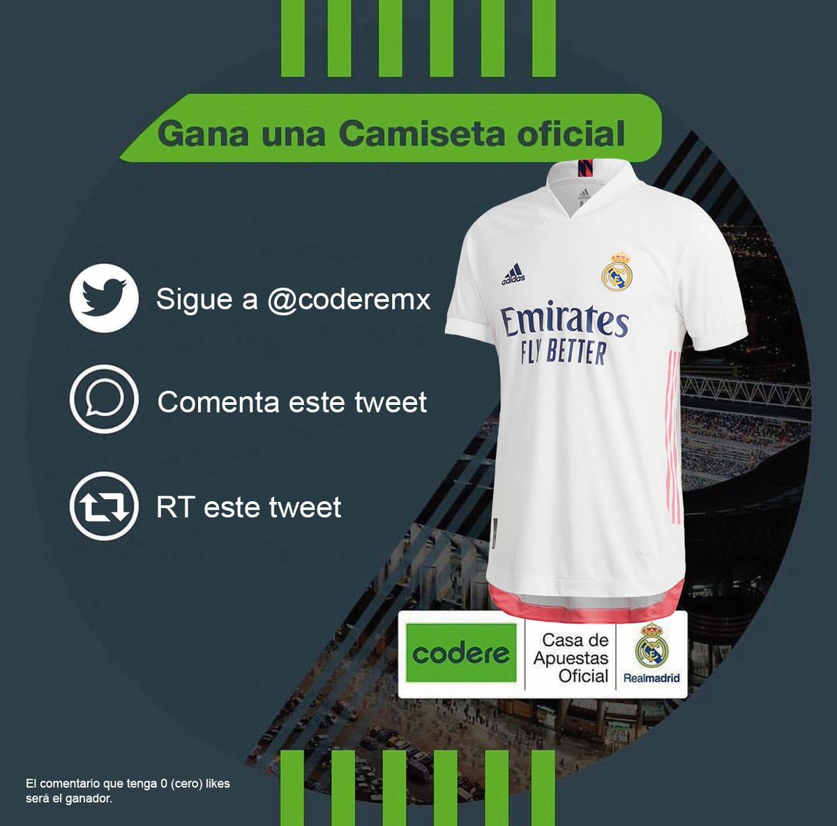 ¡Codere tiene una playera del <a href="/realmadrid/">Real Madrid C.F.</a> para ti!

Para participar en el #Giveaway sólo tienes que:
👉🏼 Seguir a <a href="/CodereMX/">Codere.mx</a>
🔁 Dar RT a este tweet.
💬 Comentar este tweet.

Ojo: El comentario que tenga CERO likes el jueves a las 19h se lleva la 👕

¡Suerte!🍀
