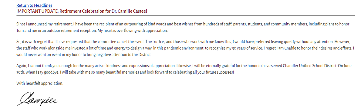 IMPORTANT UPDATE: Retirement Celebration for Dr. Camille Casteel 
The retirement reception in honor of Dr. Casteel has been cancelled.  Click here to view a letter from Dr. Casteel. cusd80.com/CasteelRetirem…