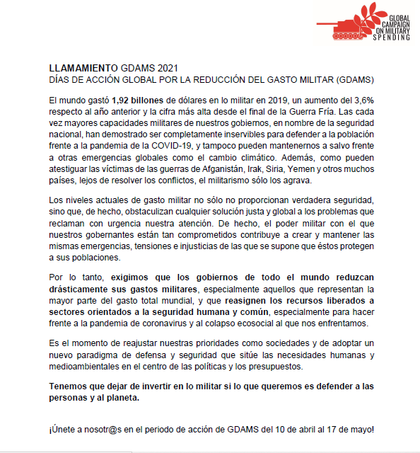FCulturadePaz's tweet photo. El gasto militar creció hasta los 1,98 billones en plena pandemia! Exigimos a los Gobiernos la reducción de estos enormes gastos militares y su reorientación para inversión ecosocial! 
Nos unimos al Llamamiento de @DemilitarizeDay #ParalaGuerraNada  #GDAMS #DefundTheMilitary https://t.co/BQjZ4HsHE1