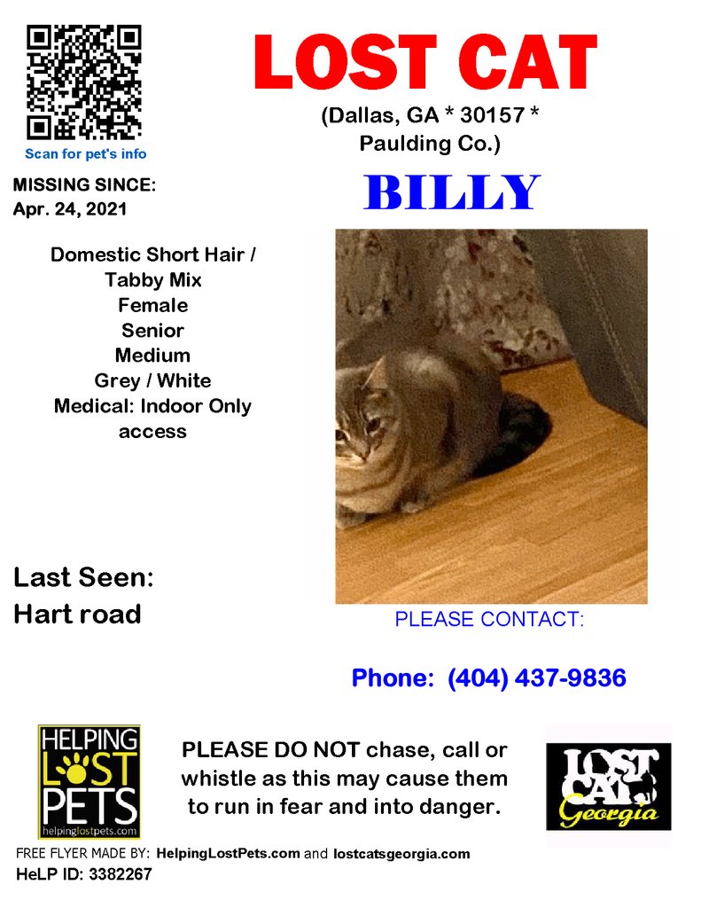 **FACEBOOK LINK: ift.tt/3aYWmlx ** Lost Cat - Dallas, GA - Apr.24, 2021
Closest Intersection: Hart road
County: Paulding

#LOSTCAT #Billy #Dallas (Hart road) #GA 30157 #Paulding Co. , #Lost #Cat 04-24-2021!, Female #Domestic Short Hair / Tabby Mix Grey / White/Grey tab…