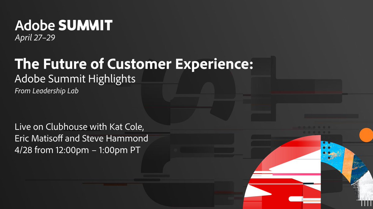 RT @marketo 'RT @Adobe: It's the #AdobeSummit Sneaks after party you won't want to miss! Join us on Clubhouse on 4/28 at 12pm PT to hear from @KatColeATL, @theshammond, and @ericmatisoff as they talk the Future of Customer Experience. … '