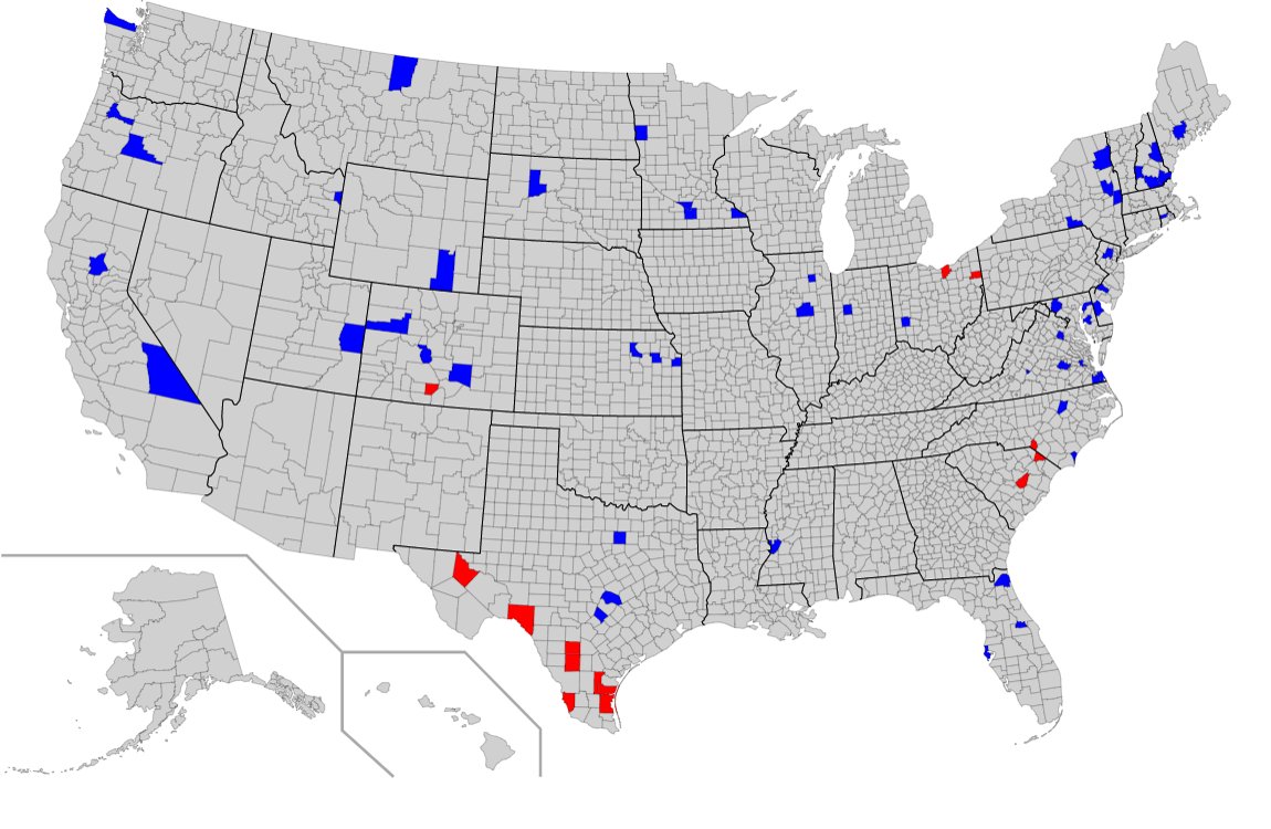 But since Trump claimed fraud in the six states mentioned (Arizona, Georgia, Michigan, Nevada, Pennsylvania and Wisconsin), let's first take a look at all the counties flipped in the OTHER states - the ones where Trump didn't allege fraud. Biden flipped a lot there too.