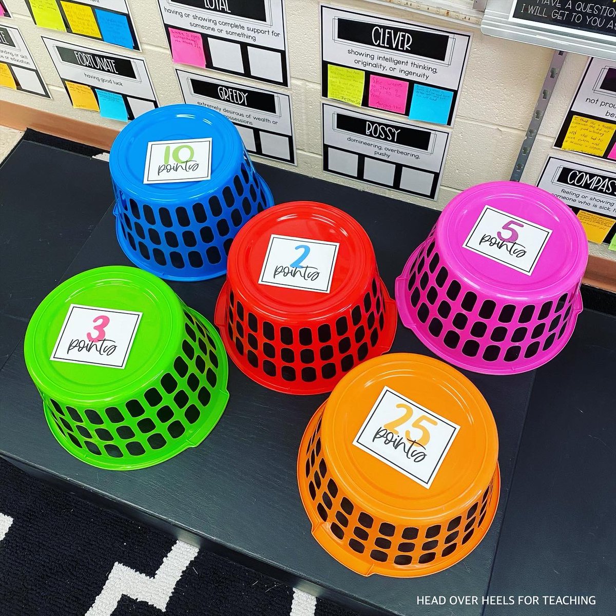 I LOVE this SUPER easy way to boost engagement! Separate ss into teams (different colored balls). If the problem is correct, they put the ball in the basket. The exciting part is that each basket holds a SECRET point value (hidden under basket). Reveal at the end of the lesson!