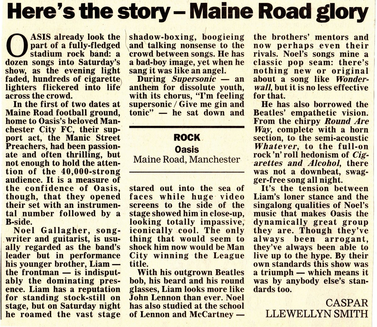 Various reviews of Oasis' Maine Road concerts in Manchester from 1996.  #MaineRoad25