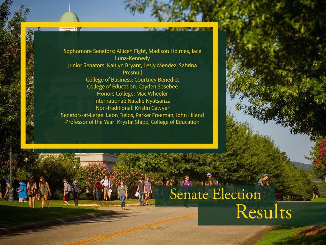 Join us in congratulating our newly elected senators for the upcoming school year!! 

Thank you to everyone that took the time to vote!!