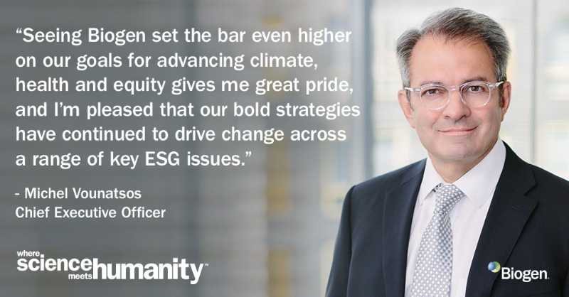 biogen's tweet photo. In an unprecedented year, we advanced progress on our #environmental, #social and governance (#ESG) priorities, and our goals for a healthier, more #resilient and #equitable future. #BiogenYearInReview