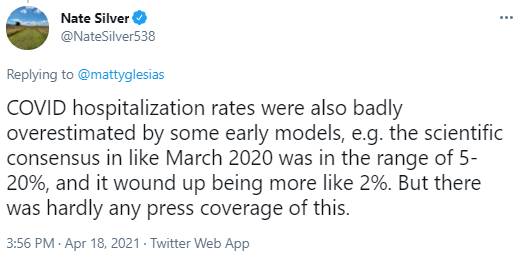 1/HThere was a recent effort to champion Nate Silver ( @NateSilver538) as a non-expert who speaks uncomfortable truths experts don't want to hear.That's misguided, as we can see by examining how many SARS-CoV-2-infected get hospitalized. https://twitter.com/LajXtra/status/1383948036905127946