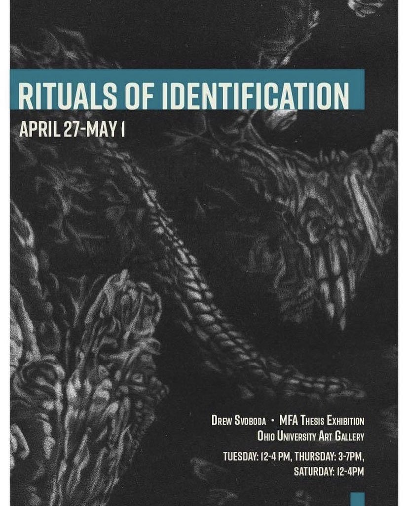 ohiouartgallery's tweet photo. Happy #MFAMonday everyone! This week we are showcasing the thesis exhibition of Drew Svoboda’s “Rituals of Identification.” Come check it out from April 27th to May 1st in the Ohio University Art Galleries! 

#mfa #thesis #ohioarts #ohiouniversity https://t.co/JOFYLi2Lla