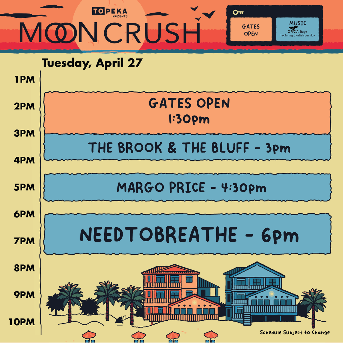 UPDATE: Due to a positive Covid test, Shovels & Rope are unable to perform at Moon Crush as originally scheduled. However, we are pleased to announce that @brookandbluff will take the Orca Stage at 3pm tomorrow!