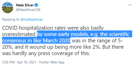 6/H Silver recently brought up this up again, after experts correctly criticized his non-expert + uninformed claims on vaccine policy / communication.So he may have thought pointing out experts being wrong might help him. https://twitter.com/NateSilver538/status/1383871962758344709 https://twitter.com/AtomsksSanakan/status/1382371294109392910
