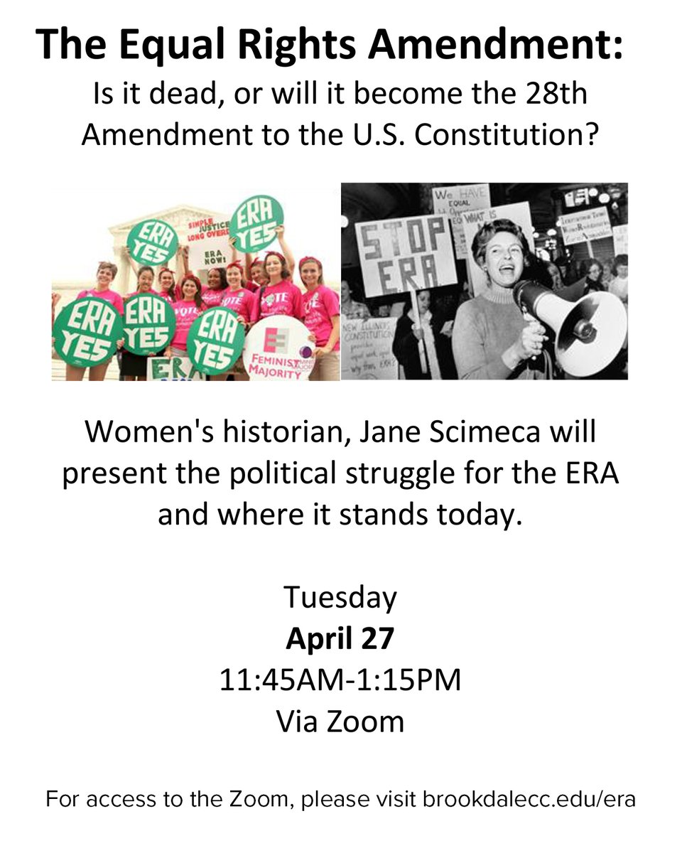 The Equal Rights Amendment: Is It History?
April 27 @ 11:45 am - 1:15 pm
 
Join this Zoom meeting to learn more from Brookdale’s History Professor and Women’s Historian Jane Scimeca about the Equal Rights Amendment.

For access to the zoom, please visit https://t.co/og4H66OPeG https://t.co/Eg2dCfdV6O