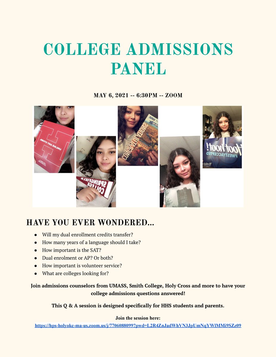 College Admissions Panel you don't want to miss! Join college admissions counselors from public, private &amp; competitive colleges for a Q&amp;A session about college admissions. This session is open to all HHS students and parents, grades 9-11 w/ Spanish translation. 
5/6  @ 6:30pm.