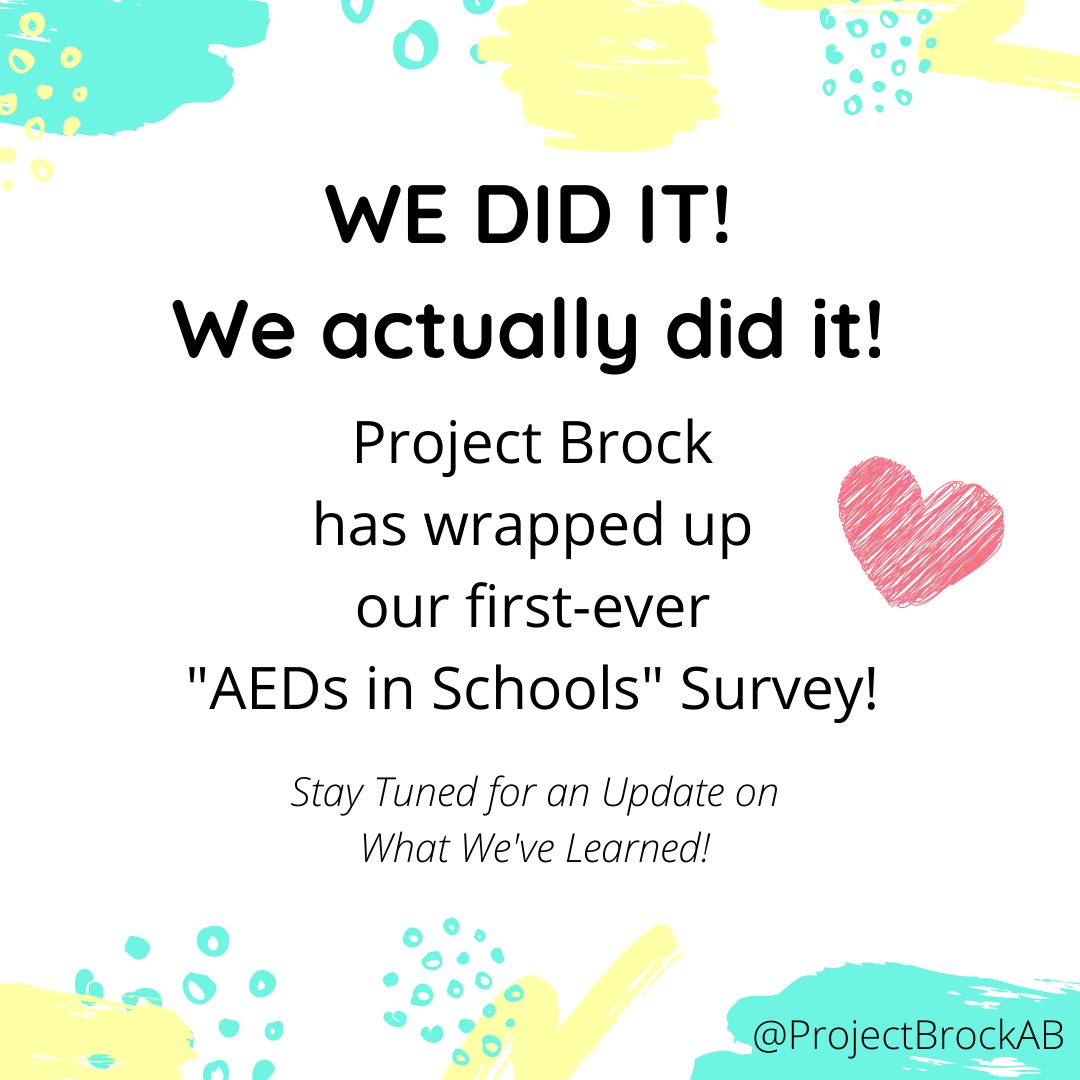 ProjectBrockAB's tweet photo. Wooohooo! We are so THANKFUL to schools that voluntarily participated in our first survey! Once we analyse the results, we’ll share some #'s with you! SUPER EXCITING! 💜Natasha #HeartSafeSchools #AlbertaSchools #ABSchools #HeartSafeHeroes #SaveALife #AED #CPR #SCA #AHSEMS https://t.co/xZZdd0UJVj