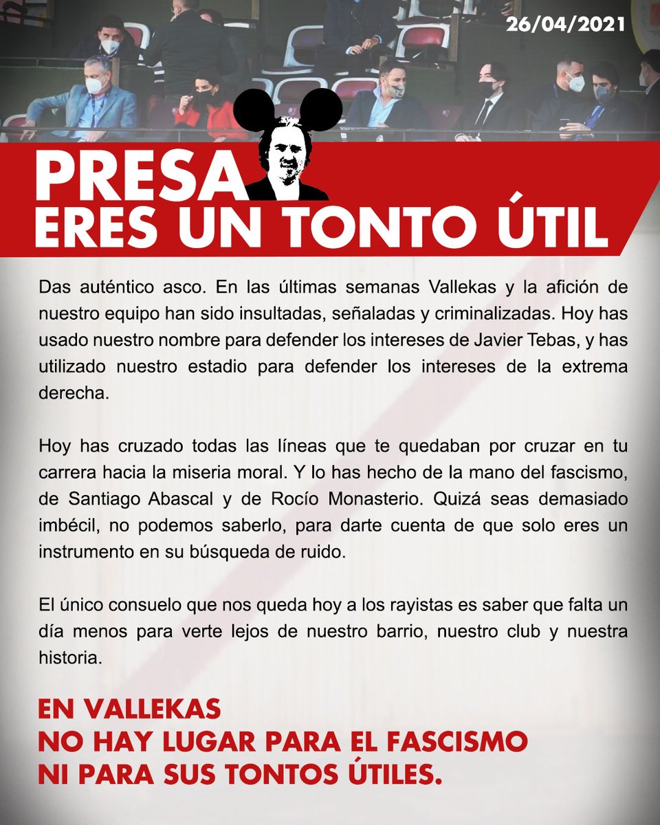 bukaneros92's tweet photo. Hoy se sientan invitados por Presa en nuestro Estadio aquellos que nos insultan, señalan y criminalizan.

VOX NO ES GRATO, PRESA TÚ TAMPOCO. https://t.co/q17kODUJFZ