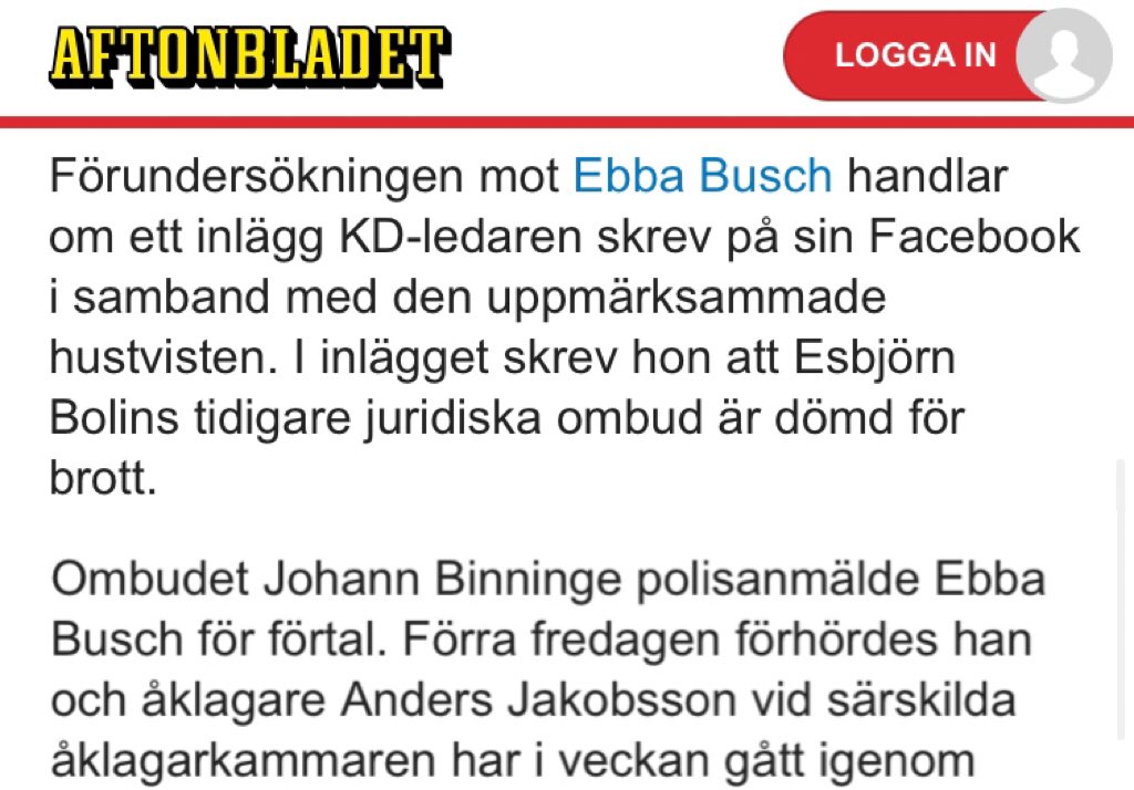 hanifbali's tweet image. Det sjuka är att lagen kriminaliserar Ebba Busch att berätta om en person är dömd för brott, men gör det lagligt för Aftonbladet att göra det. 

Detta måste ändras.