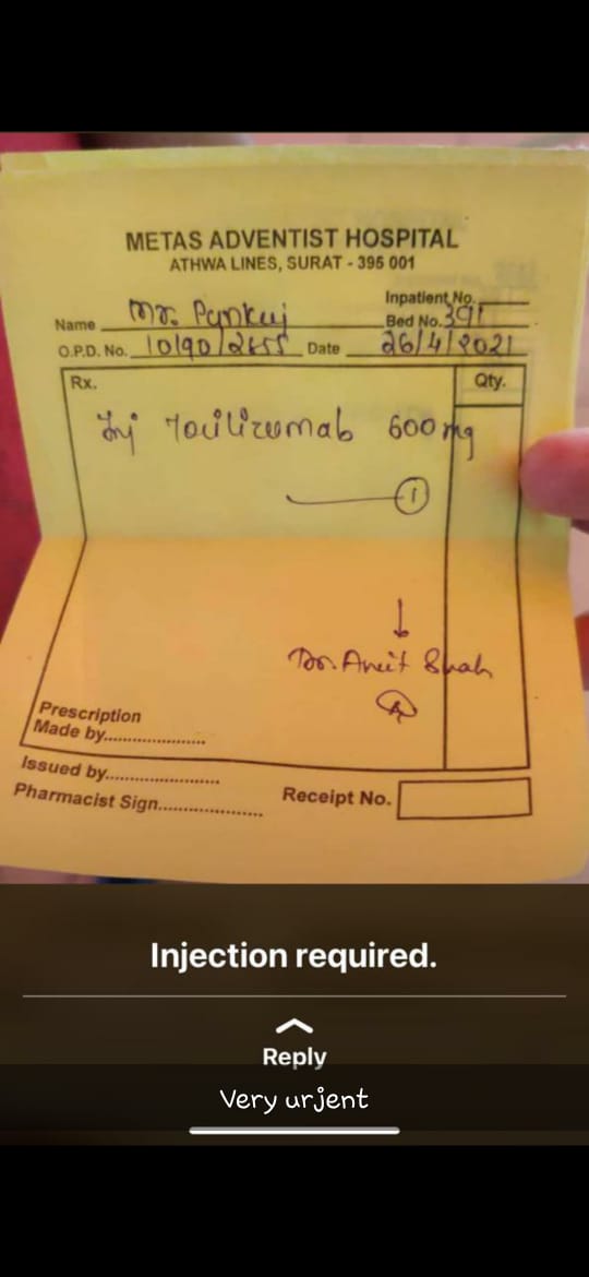 neelmoto's tweet photo. In Surat, Tocilizumab Injection banned by the government.  Why the doctors are giving this prescription for the Covid patients. #IndiaFightsCOVID19 #GujaratCoronaUpdate #GujaratCovidSupport https://t.co/mm1l3mXPmn