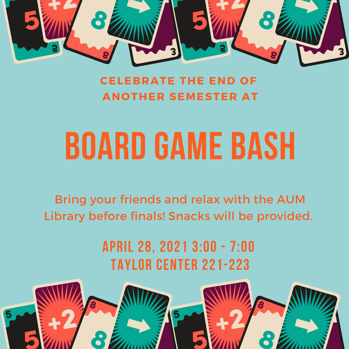 Get your game on with the library at Board Game Bash, Wed. April 28th, 3-7pm in Taylor Center. Then stick around for Professors-n-Pajamas from 8-11pm. 
#MyAUM  #WarhawkNation #BoardGamesWithTheLibrary