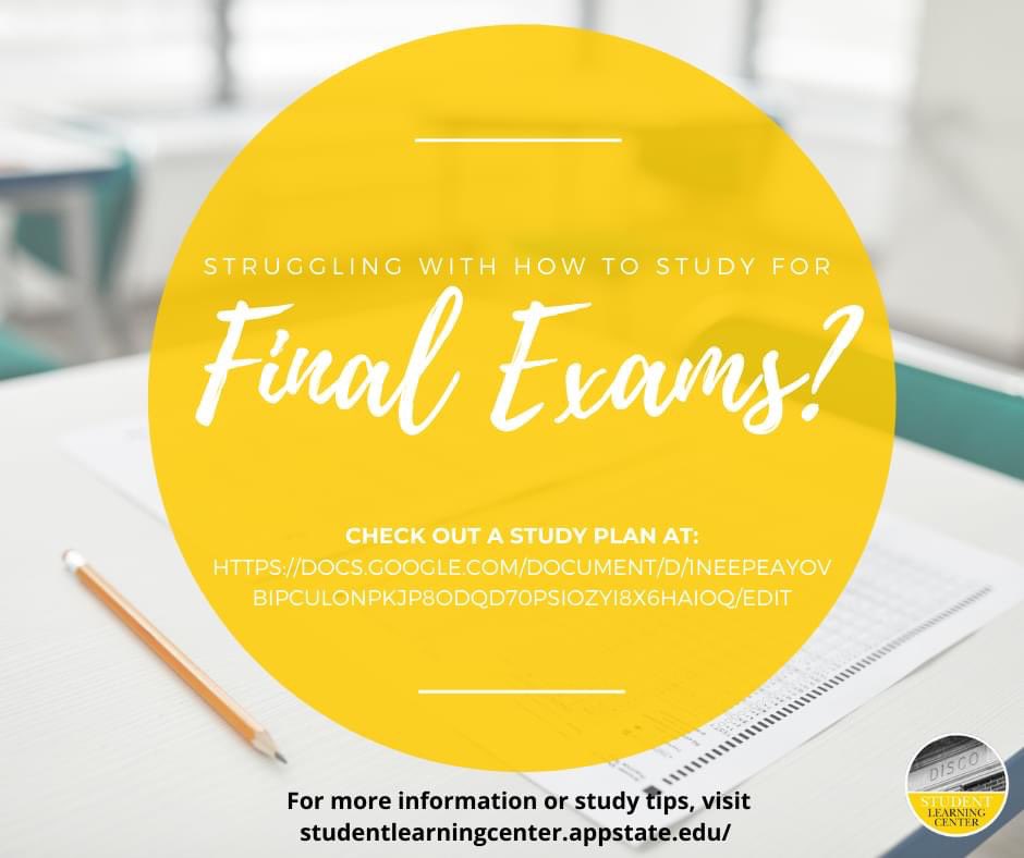 app_slc's tweet image. Studying for final exams stressing you out? Check out this study plan to help ease your stress: docs.google.com/document/d/1Ne…!