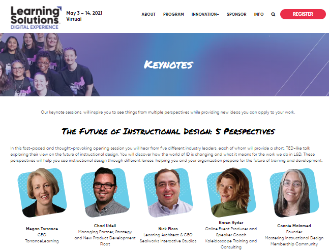 karenhyder's tweet photo. Register TODAY for #TheLearningGuild's Learning Solutions Digital Experience! Find me 5/10 @ 8a ET in "The Future of #InstructionalDesign: 5 Perspectives" w nickfloro, @MMTorrance, Connie Malamed @elearningcoach & Chad Udell @gowithfloat . https://t.co/z9rTUnJ7G3 @learningsolpub https://t.co/aJMdGg2uXM