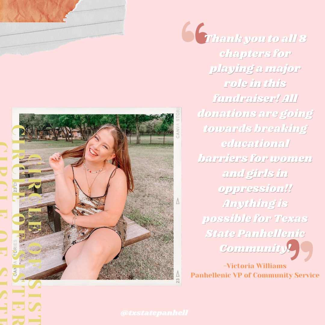TxStatePanhell's tweet photo. Over the past week we challenged the Panhellenic community to raise as much money as they could for @circleofsisterhood! Our community raised $19,278!! A big thank you to our community and everyone who donated! 🤍⚡️ https://t.co/Xeyh5SR5Jm