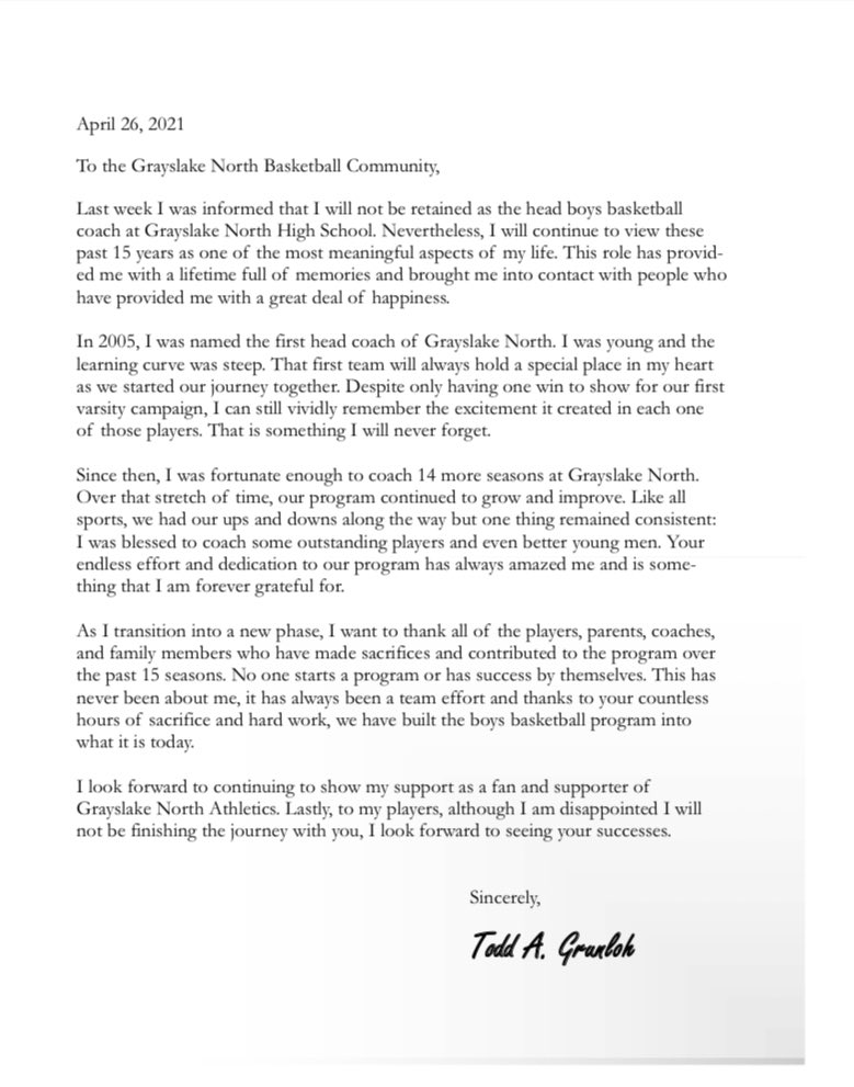 To the Grayslake North Basketball Community...