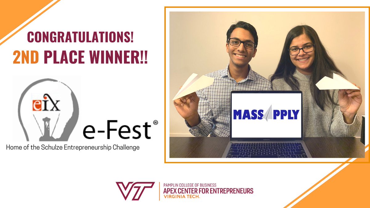 ApexCenterVT's tweet image. Congratulations to team @MassApply, led by Sana Ahmad '21 and Naman Singh '22 for their 2nd place finish and $30,000 prize at the championship round of the Schulze Entrepreneurship Challenge #eFest hosted by the University of Minnesota!