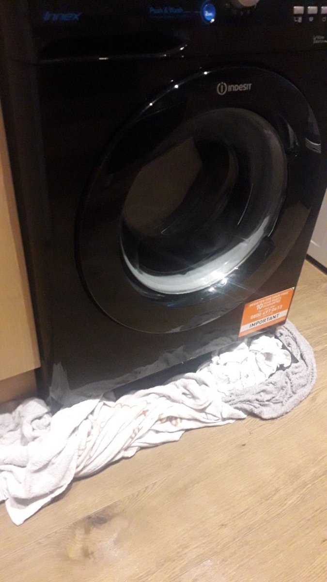 This is how <a href="/IndesitUK/">Indesit UK</a> <a href="/WhirlpoolUK/">Whirlpool UK</a> leave their customers. Leaking machine that wont turn on. Engineer won't be able to attend till may 4th. 3rd time I've called them out this month for repairs. Would not recommend