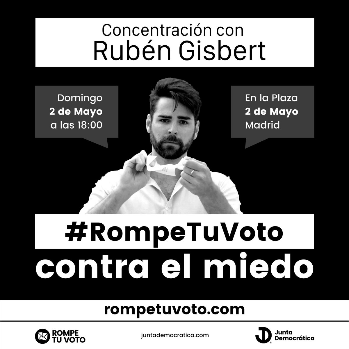JDemocraticaES's tweet photo. Que el 2 de mayo busquen cualquier ápice de ideologías, enfrentamiento o polarización en la sociedad. No lo van a encontrar, para eso están los partidos políticos. Solo encontrarán una máxima: libertad política colectiva. #RompeTuVoto https://t.co/0engYNlflz