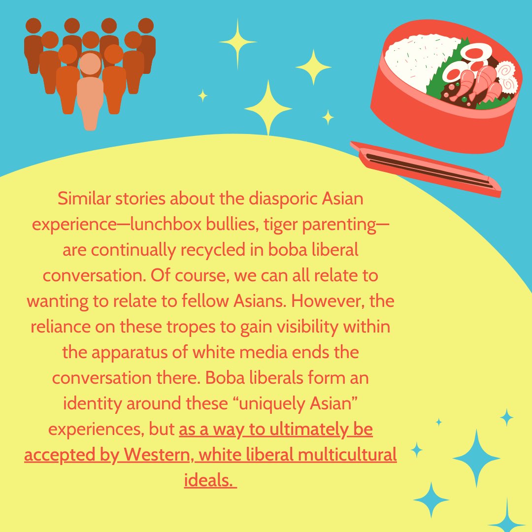 This activism ends at shallow issues of media representation & interpersonal stories of hardship. There is always a lack of analysis of Western imperialism & racial capitalism.  Boba liberals want to be accepted by the system, not dismantle it.