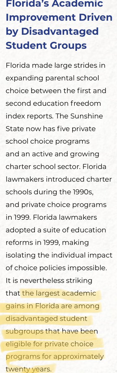 As Florida’s  #EdChoice policies have expanded, its overall performance has improved — and the biggest improvements have been among disadvantaged students who qualify for the ESAs and tax-credit scholarships. In other words, more choice & competition equals better public schools.