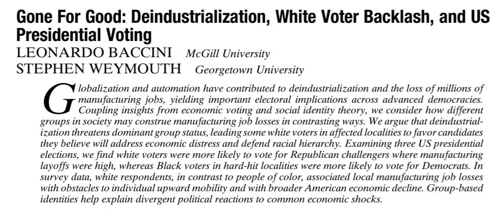 New APSR from  @LeoBaccini &  @SJWeymouth shows that manufacturing losses pushed whites toward GOP & white identity politics, but pushed Black & Latinos toward Dems. It's not race vs economics--they're linked!Design: Bartik IVh/t  @Jacob_S_Hackerungated  https://www.stephenweymouth.com/files/Baccini_Weymouth_APSR_May2021.pdf