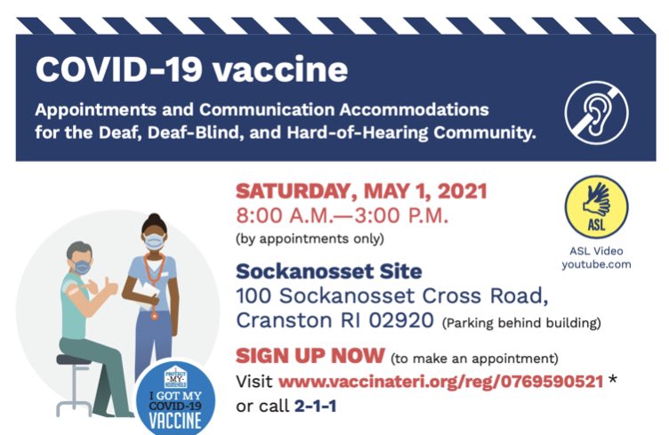 ! ALERT! THIS SATURDAY, MAY 1, 2021 

Communication accommodations for Deaf, Deaf- Blind, and Hard -of - Hearing community when you make an appointment through this link 👇🏼
vaccinateri.org/reg/0769590521
