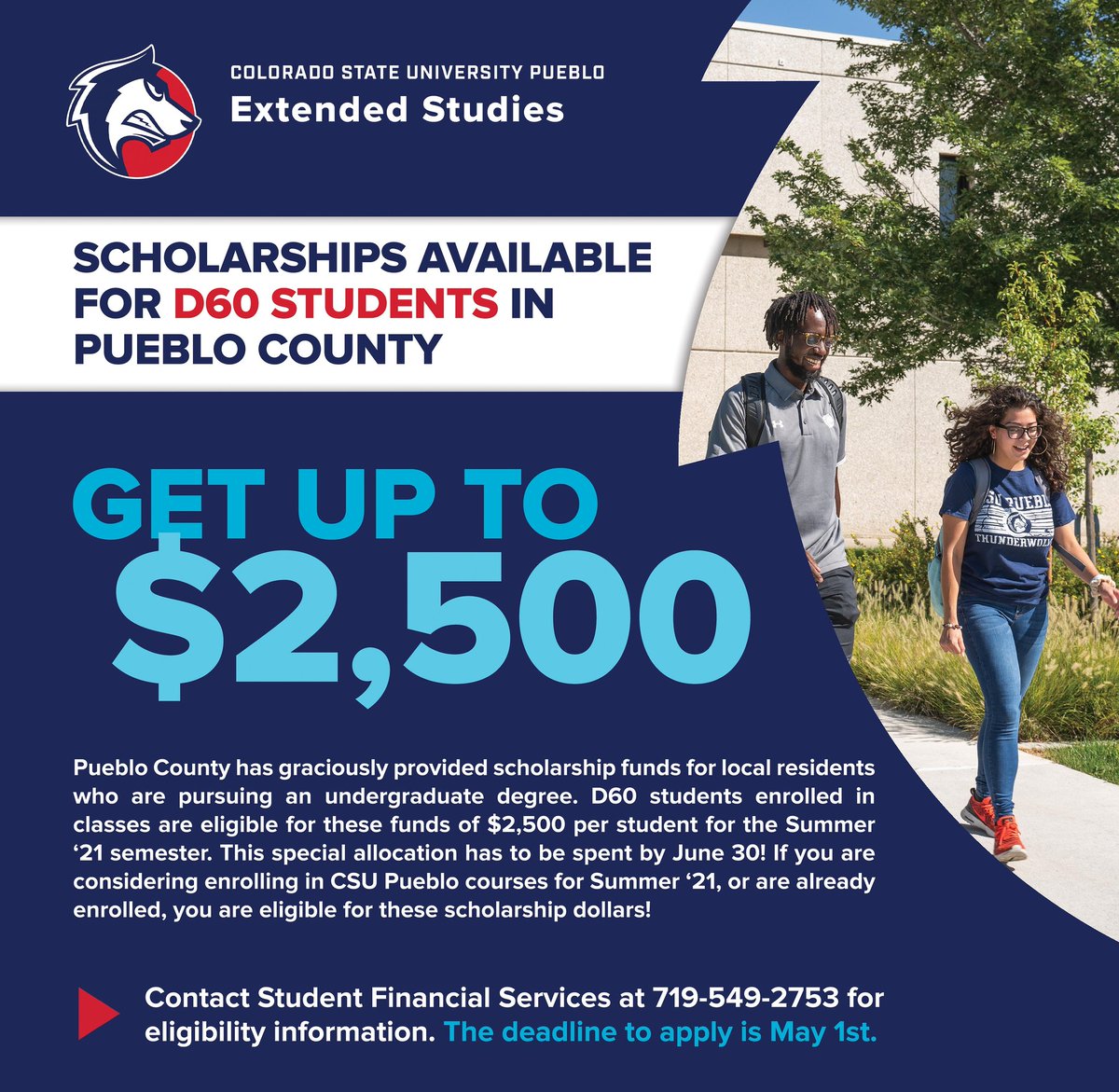 Pueblo_D60's tweet photo. SCHOLARSHIP FUNDS AVAILABLE 
If you are pursuing an undergraduate degree at CSU Pueblo, take advantage of this opportunity to receive up to $2,500. https://t.co/qyGpfFweRE