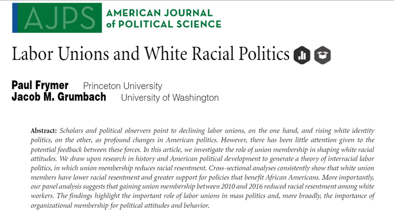 Obligatory self-promotion for me and  @pfrymer. Revitalizing the labor movement is key to reducing white identity politics and building multiracial coalitions.  https://onlinelibrary.wiley.com/doi/epdf/10.1111/ajps.12537