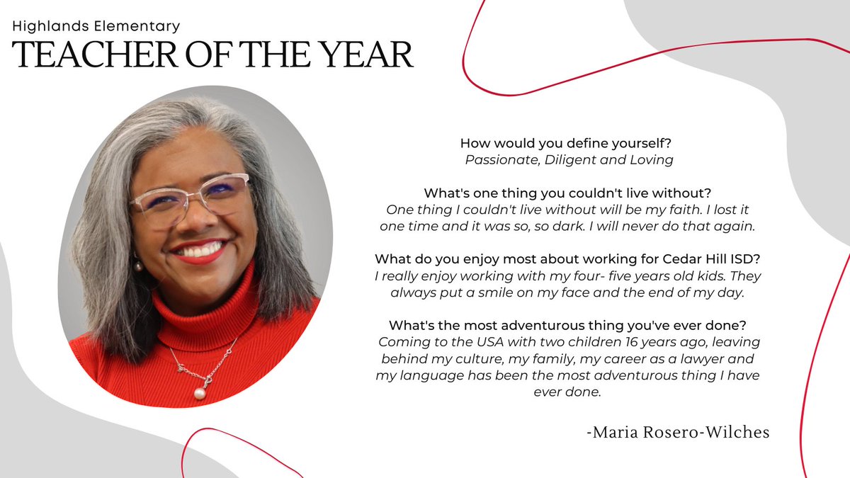 cedarhillisd's tweet photo. Our Teacher of the Year Announcement is THIS week! Help us commend and congratulate our campus teachers of the year! Today's social media spotlight is Ms.Rosero-Wilches from Highlands Elementary. https://t.co/M6Rlpn3qf0