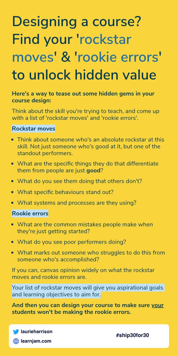 Designing a course? Find your 'rockstar moves' &amp; 'rookie errors' to unlock hidden value 🌟

Here's a nice tool to help you uncover some essential elements that you might otherwise miss during the learning design process 👇

#ship30for30
