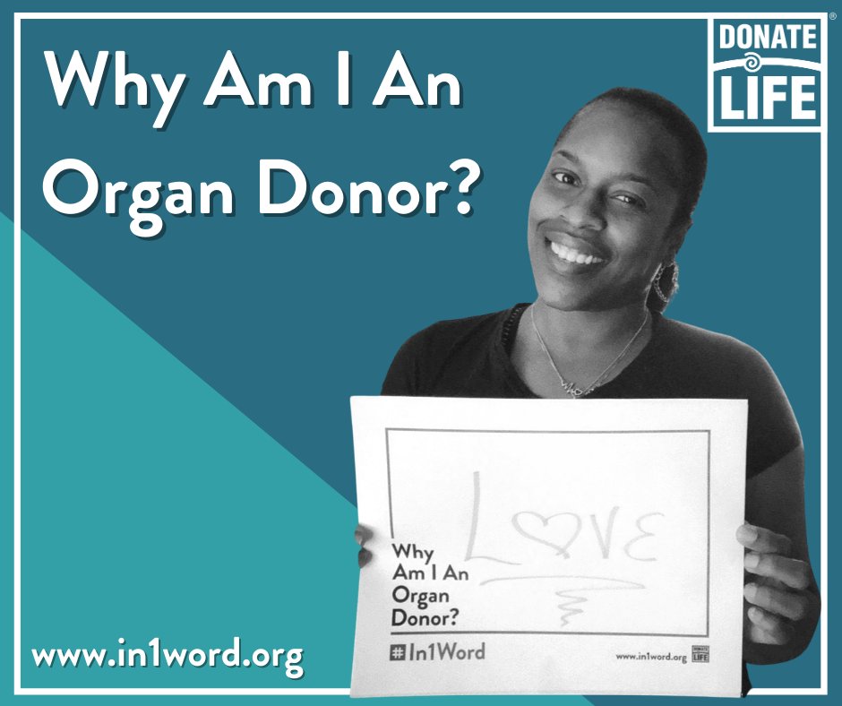 DonateLife's tweet photo. We love the #In1Word campaign from our friends at the @TheLLF! How would you answer the question "Why am I an organ donor?" in 1 word? Add your answers in the comments below! 💙💚 #DonateLife #DonateLifeMonth https://t.co/sX9arWRhfD https://t.co/DKjUWUY6uz