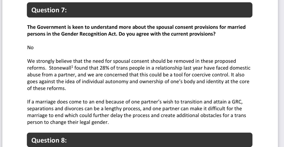 should be removed because ‘Stonewall says 28% of trans people in relationships suffer abuse’ so clearly that abuse is coming from resentful heterosexual spouses, what the fuck? -  https://chwaraeteg.com/wp-content/uploads/2019/01/Consultation-Response-Reforms-Gender-Recognition-Act-Oct-2018.pdf. And there’s more... 2/7
