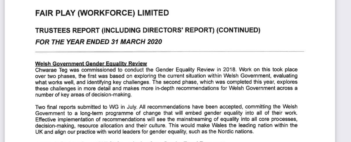 While badging itself as a women’s charity, CT’s vision statement blurb is ALL about gender equality / inequality in the workplace, including the role CT played in getting that GRA reform response to be the cornerstone of Welsh Govt policy on ‘gender reform’ going forward. 3/7