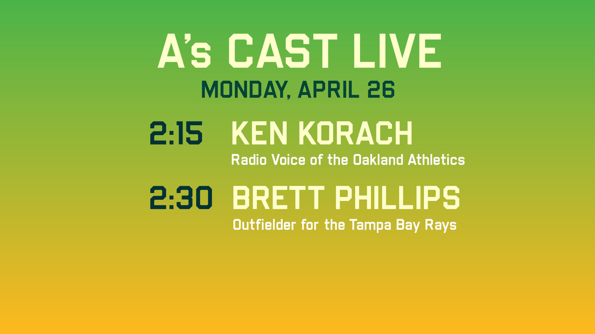 #AsCastLive will be streaming from 2-3pm w/ <a href="/townsendradio/">Chris Townsend</a> ahead of <a href="/Athletics/">Athletics</a> &amp; <a href="/RaysBaseball/">Tampa Bay Rays</a>

GUESTS:
<a href="/KenKorachRadio/">Ken Korach</a> 2:15
<a href="/Brett_Phillips8/">Maverick Phillips</a> 2:30

athletics.com/AsCast 📻