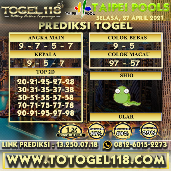 davinaindira4's tweet photo. Prediksi Togel Taipei Pools 27 April 2021 - Diskon Togel terbesar, Menang berapapun dibayar, Info HubWA:+6281260152273 Link : www,totogel118,com 

#togelonline #togel118 #togelhongkong #agentogel #togelsydney #togelsgp #prediksitogel #togelhk #resulthk #taipeipools https://t.co/I0bk6zl6yu