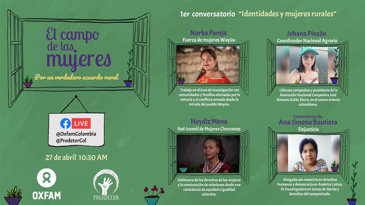📢Te esperamos mañana en el inicio de #ElCampoDeLasMujeres con el primer conversatorio sobre "Identidades y mujeres rurales". Mujeres diversas presentarán sus propuestas y visiones para lograr un verdadero acuerdo rural 

🕥10:30 am
💻Facebook Live por Oxfam Colombia y <a href="/prodeter/">PRODETER Colombia</a>