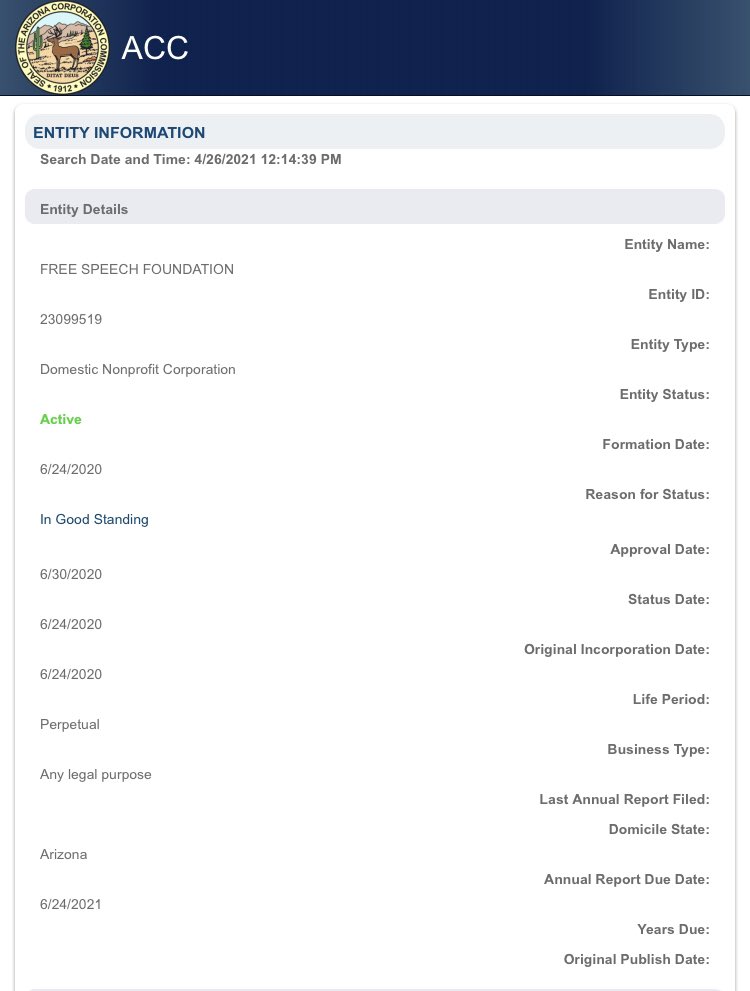 Free Speech Foundation, a.k.a. America’s Frontline Doctors, was registered as a domestic non-profit in the state of Arizona in June 2020.