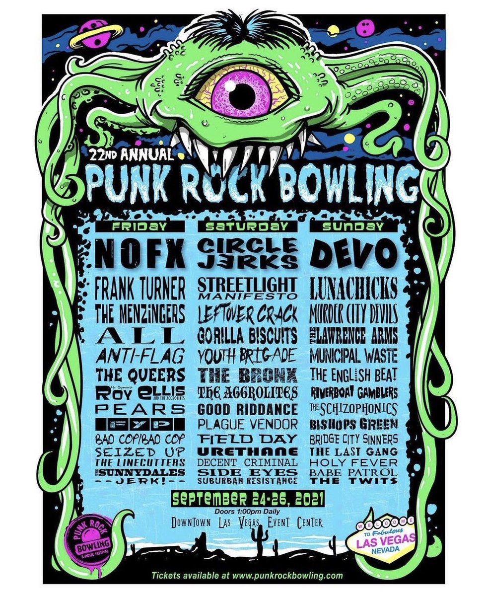 🎳 VEGAS! It's baaack! @PunkRockBowling announced for 9/24-26! @frankturner @themenzingers @NOFXband @lunachicks @MurderCity @SManifesto + tons more! Tickets available at punkrockbowling.com