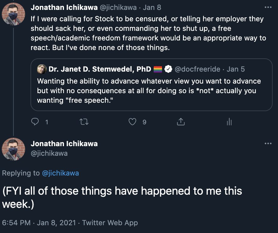 People who don't like my political discourse often complain about me, @-ing my department, my university, and my university president, in an attempt to use the coercive power of an employer to curtail my speech. (AFAIK my employer has ignored them.)  https://twitter.com/jichikawa/status/1347738545822126080